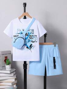 Fantacosmos 男童可爱小熊印花T恤、带口袋的工装短裤和迷你斜挎包三件套，春夏款 - 淺藍色 - 查看 3