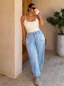 Dripcurv Quần jeans ống rộng có túi dành cho nữ cỡ lớn - Rửa nhẹ - Xem 6