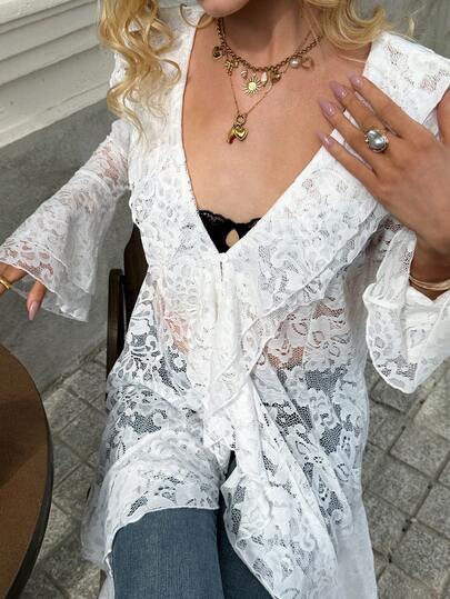 Livesso 白色蕾丝喇叭袖衬衫，适合海滩派对、度假、复活节假期、夏季穿着