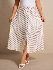 Elaquor Plus Size Casual Ditsy Floral Button Front Skirt - Multicolor - View 5