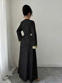 Rafferiza V-Neck Long Sleeve Gold Lace Patchwork Long Dress For Women - Black - View 2