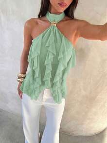 Aloruh Áo camisole nữ thanh lịch nhiều lớp, cổ đứng, viền bèo nhún, ôm sát. - Màu xanh Ô liu - Xem 6