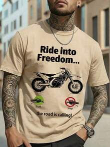Manfinity Homme Men's Letter Print Round Neck Casual Short Sleeve Loungewear Top Men Graphic Tees Dirt Bike Shirt Ride Into Freedom Tee - Khaki - View 7