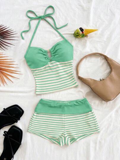 Soleia 2pcs Striped Knit Texture Sleeveless Top With Metal Buckle Spaghetti Strap And Shorts Set, Casual Vacation, Party, Date Night, Nightclub, Bohemian, Boho, Vintage, Holiday Outfit For Women