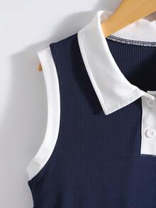 1件少女蝴蝶结刺绣Polo衫领褶皱下摆无袖连衣裙 - 藏蓝色 - 查看 6