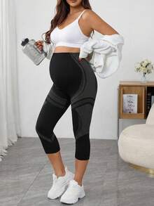 SHEIN Maternity Stylish Elastic Striped Patchwork High Waist 7/8 Leggings,Word Cup - Black and White - View 2