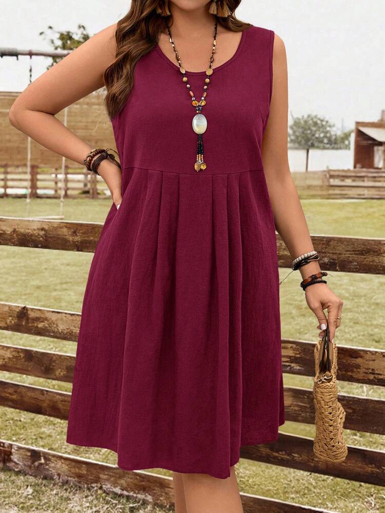 Plus Size Women's Summer Casual Vacation Country Solid Color Round Neck Ruched Casual Party Dress, Suitable For Summer,Summer Outfits For Women ,Vacation Outfits Women ,Holiday Outfits For Women,Going Out Outfits,2026 New Clothes,Simple And Fashionable For Everyday Wear,Suitable For Summer, Vacation, Daily Wear, Festival Outfits For Women,Country Concert Outfit,Beach Outfits For Women,Western Style,Flowy Dress