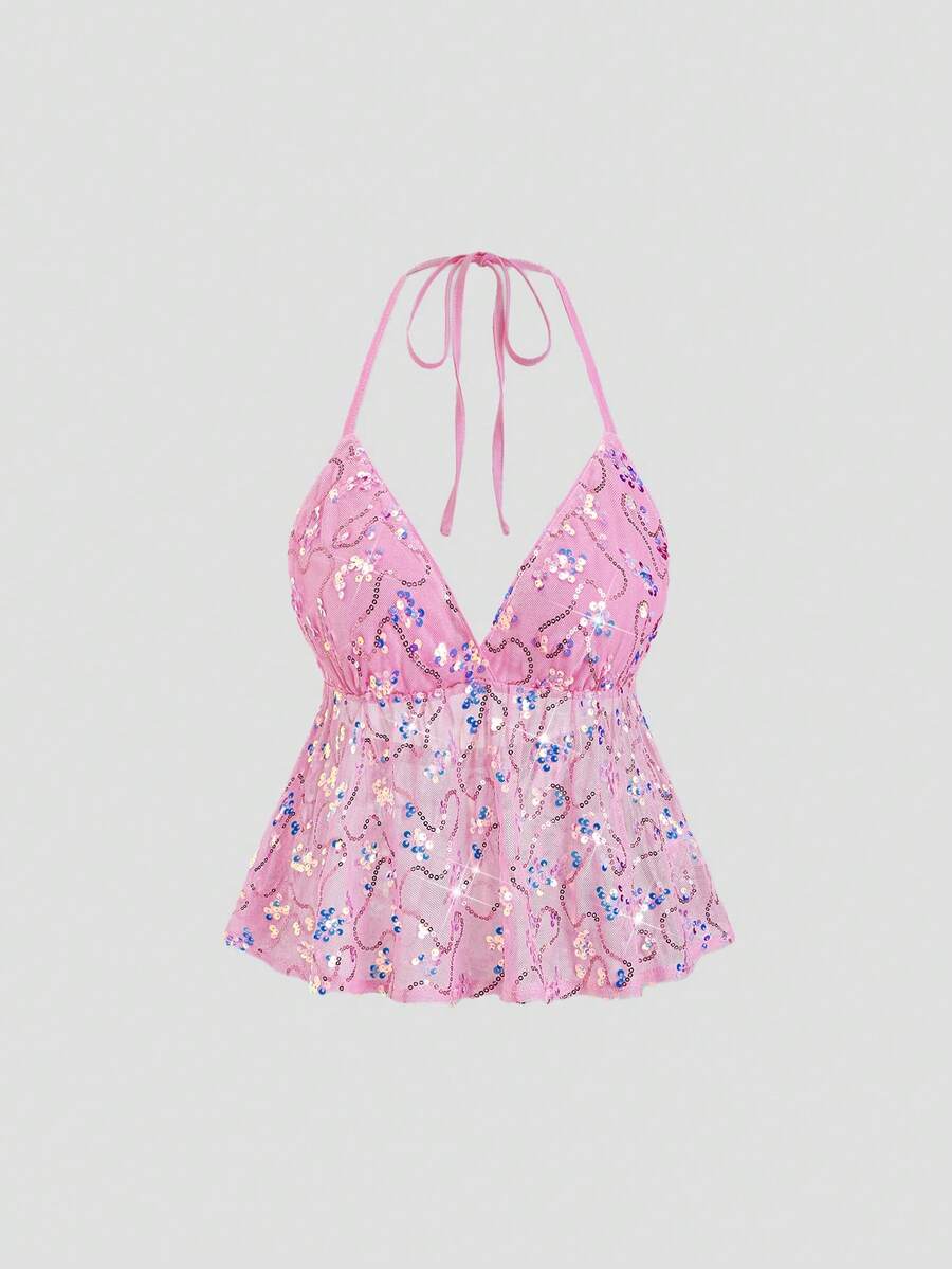 Sweetra 优雅法式亮片露背吊带露背时尚休闲度假性感女式上衣 - 粉色 - 查看 1