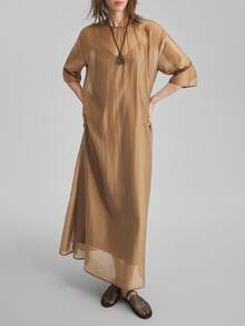 Ontre 2026 Spring/Summer New Solid Color 2 In 1 Round Neck Half Sleeve Mid-Length Dress, Elegant Women's Vacation Dress, Beach Music Festival Party Dress, Elegant Country Music Concert Outfit - Brown - View 4