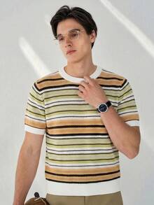 RONVEXI 男士条纹极简圆领短袖针织上衣 - 彩色 - 查看 3