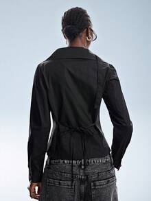 Aveloria GENKIRA Black Lapel Contrast Red Button Design Front Open Waist Decorated With Scarf Punk Romantic Casual Mixed Match Women Long Sleeve Shirt Blouse - Black - View 3