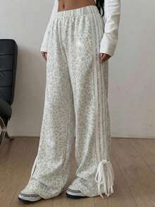 SHEIN EZwear Women's Elastic Waist Leopard Print Rider Pattern Loose Wide Leg Casual Pants - Multicolor - View 4