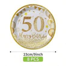 金色气球50周年纪念一次性餐盘、餐巾纸和杯子套装，可供8位客人使用。这款一次性派对用品套装（包括餐盘、餐巾纸和杯子）非常适合生日派对、婚礼和家庭野餐。 - 查看 10