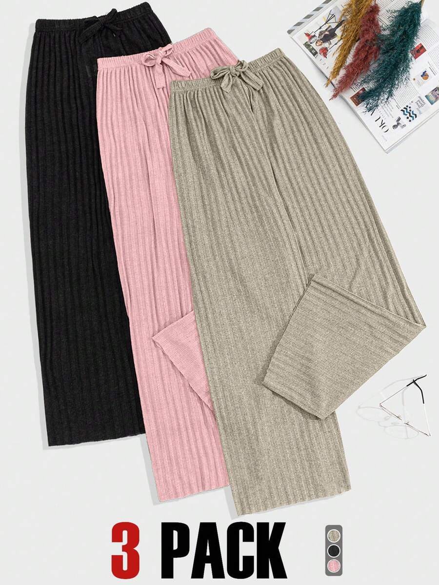 EURMUSE Plus Otton 三件套纯色针织裤套装 - 彩色 - 查看 1