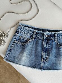 Elamini Chân váy mini denim cạp siêu thấp rách rưới - Màu xanh lam - Xem 5