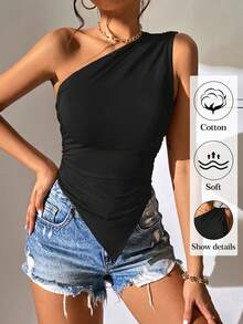 Franclia Women's Summer Casual Vacation Minimalist Solid Color Pleated Fitted Asymmetric Hem Blouse One Shoulder One Shoulder Top Xxs For Women Ruched Black For Women Body Suit Tops Tops Black One Shoulder Top Yoga Bodysuit Black Top Bodysuit Ruched Top - Black - View 3
