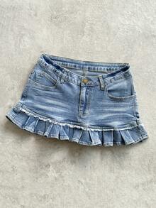 Elamini 超低腰褶裥牛仔迷你裙 - 藍色 - 查看 4