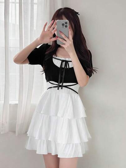 FRIFUL Women's Colorblock Tie-Up Bow Knot 2 Pieces Set, Fitted & Flattering, Versatile For Spring/Summer