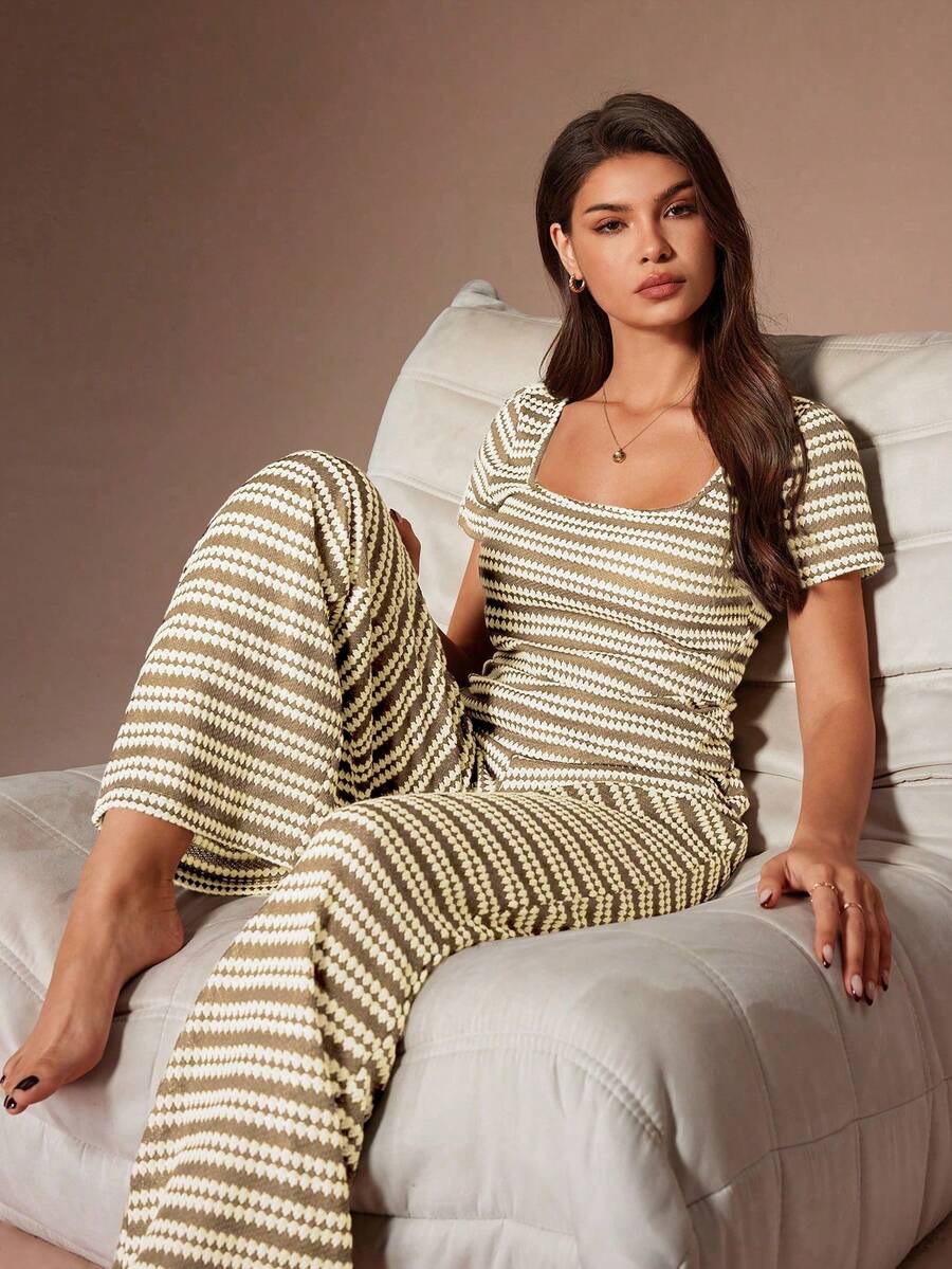 Lazeform Comfortable & Fashionable Striped Scoop Neck Short Sleeve Loungewear Set - Khaki - View 1