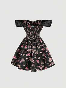 SHEIN MOD Off-Shoulder Fishtail Waist Flared Floral Print Mini Dress With Black Background - Multicolor - View 5