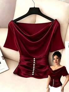 Lyxana New Halter Tie Bow Sleeveless Woven Shiny Fabric Bubble Pearl Design Open Back Elegant Commuter Versatile Daily Fitted Women Blouse - Burgundy - View 4