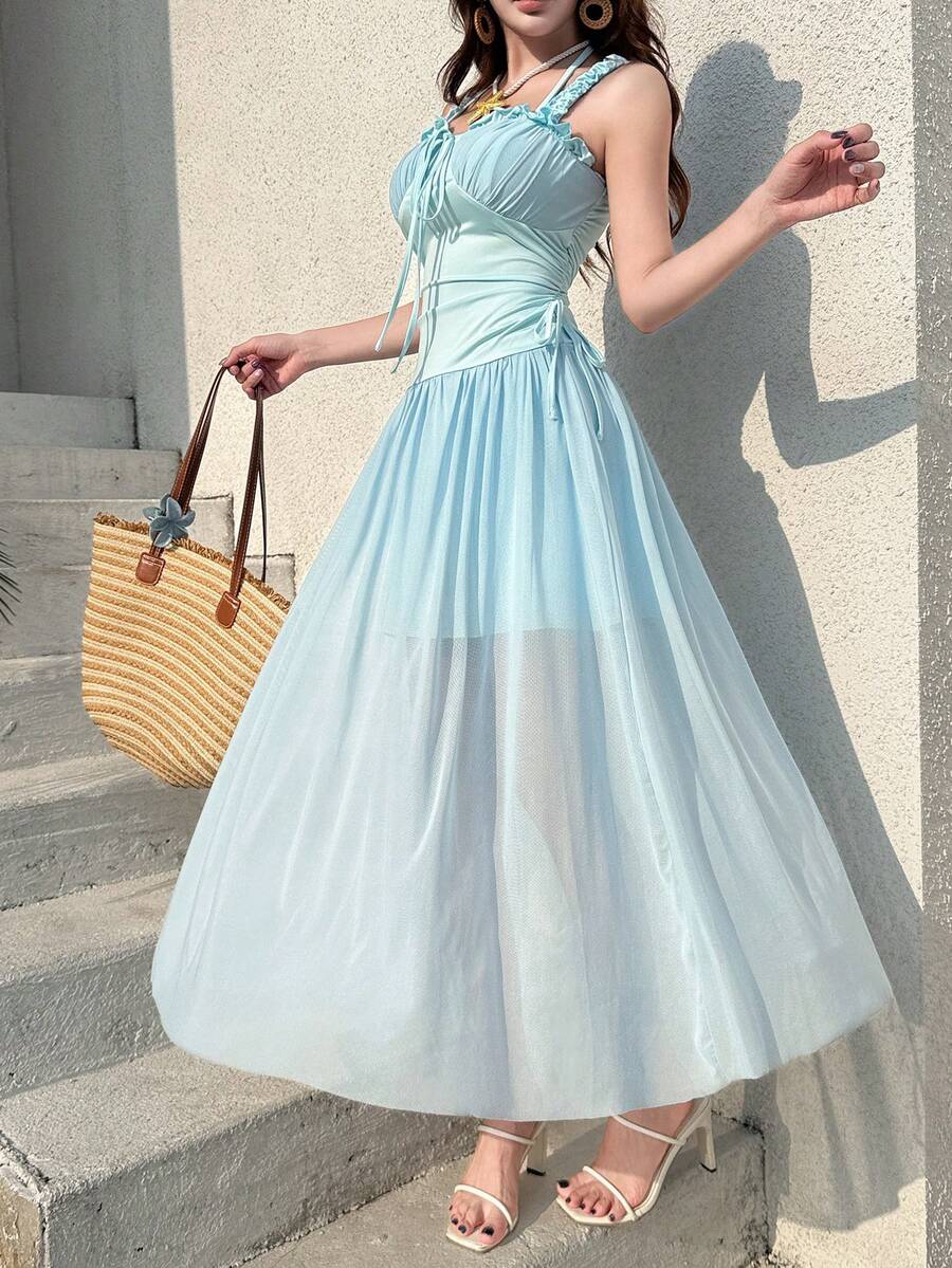 K-Vae Korean Style Light Blue Off-Shoulder Spaghetti Strap Maxi Dress Women's Sweetheart Neck Ruched Slim-Fit Long Dress Summer Vacation Beach Streetwear - Aqua Blue - View 1