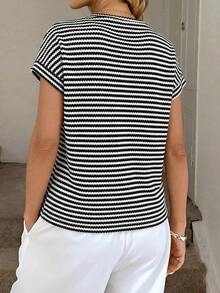 Easowa 落肩条纹华夫格纹理休闲度假优雅女式T恤 - 黑與白 - 查看 2