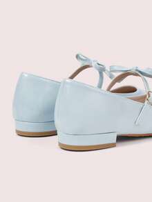 CUCCOO DOLLMOD Women's Light Blue Square Toe Bow Mary Jane Ankle Strap Flats Cute Commute Preppy Style Leather Buckle Shoes - Baby Blue - View 4