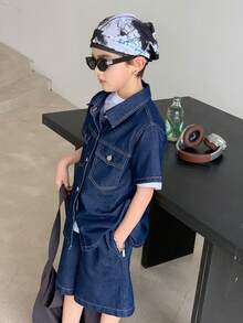 DAZY Bộ đồ denim mùa hè cho bé trai, kiểu dáng thường ngày, gồm áo sơ mi và quần short denim, có túi nắp gập và cúc cài phía trước. - Màu xanh lam - Xem 6