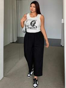Dazy Petite Plus Elastic Waist Loose Harem Solid Color Casual Long Pants, All Season Fall - Black - View 6