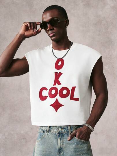 STYNVO Men's Letter Applique Round Neck Casual Loose Fit Tank Top