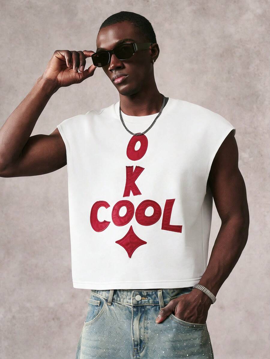 STYNVO Men's Letter Applique Round Neck Casual Loose Fit Tank Top - White - View 1