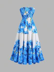 Elamini Women's Floral Print Spaghetti Strap Dress, Spring/Summer - Blue - View 1