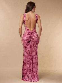 Silquee 女士露背丝质植绒印花连衣裙，春夏款 - 紫色 - 查看 1