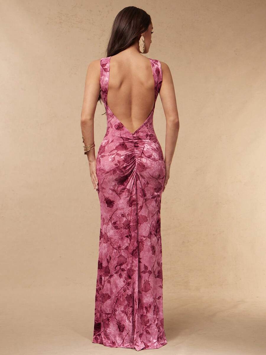 Silquee 女士露背丝质植绒印花连衣裙，春夏款 - 紫色 - 查看 1