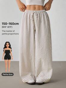 SHEIN PETITE Quần ống rộng kẻ sọc đơn giản cho nữ - Màu be - Xem 10