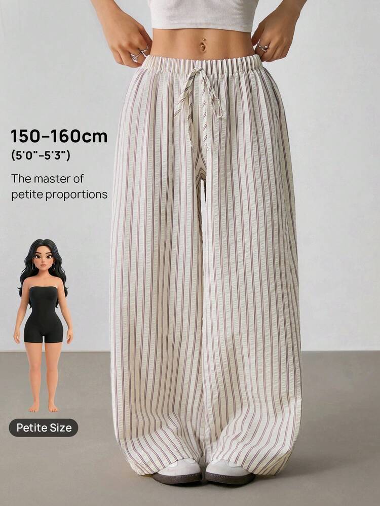 SHEIN PETITE Calça Casual Solta Feminina de Perna Larga Listrada - Bege - Visão 10