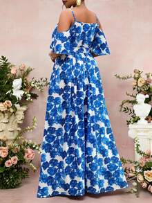 Fleurora Vestido de playa de verano con estampado floral y hombros descubiertos con cinturón para mujer de talla grande - Azul - Ver 2