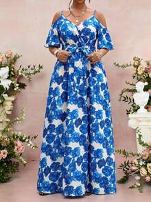 Fleurora Vestido de playa de verano con estampado floral y hombros descubiertos con cinturón para mujer de talla grande - Azul - Ver 3