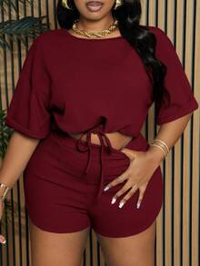 Slaydiva Slayr Plus Setelan 2 Potong Wanita Ukuran Plus Warna Polos dengan Tali Serut di Pinggang dan Belahan di Bagian Bawah, Setelan Musim Panas Jumpsuit Yoga untuk Kerja dari Rumah, Bahan Wol Dua Potong - Burgundy - View 3