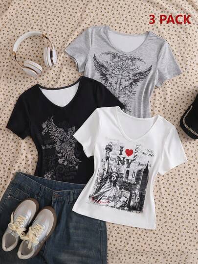 SHEIN Genkimix Kids 3件套优雅休闲基础款纯色针织短袖修身T恤，腰部荷叶边装饰，百搭组合，适合少女，情人节礼物