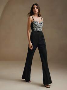 Anewsta Top de bralette elegante para mujeres con cuentas y bordados - Negro - Ver 7