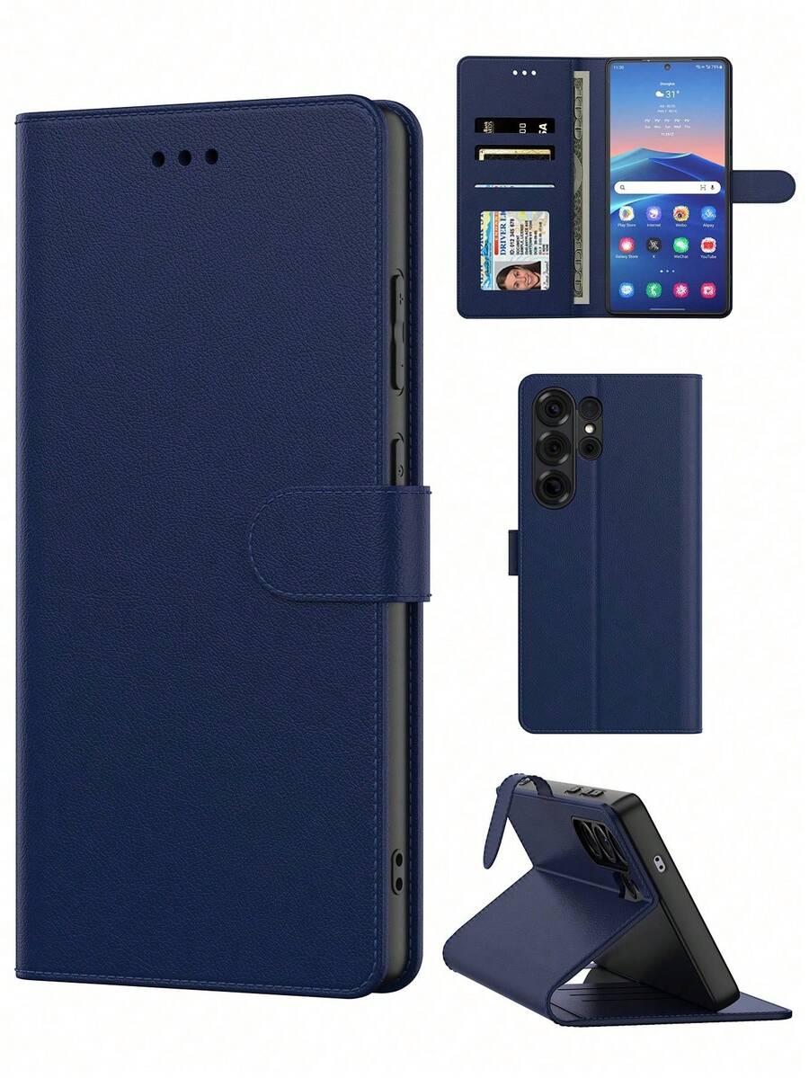 Funda de cartera multifuncional para teléfono móvil de color azul, hecha de material de PU - Azul - Ver 1