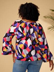 BrightlyHer Plus Size Casual Commuter All-Over Print Flare Sleeve Blouse/Summer/Spring/Vacatio Holiday Beach - Multicolor - View 2