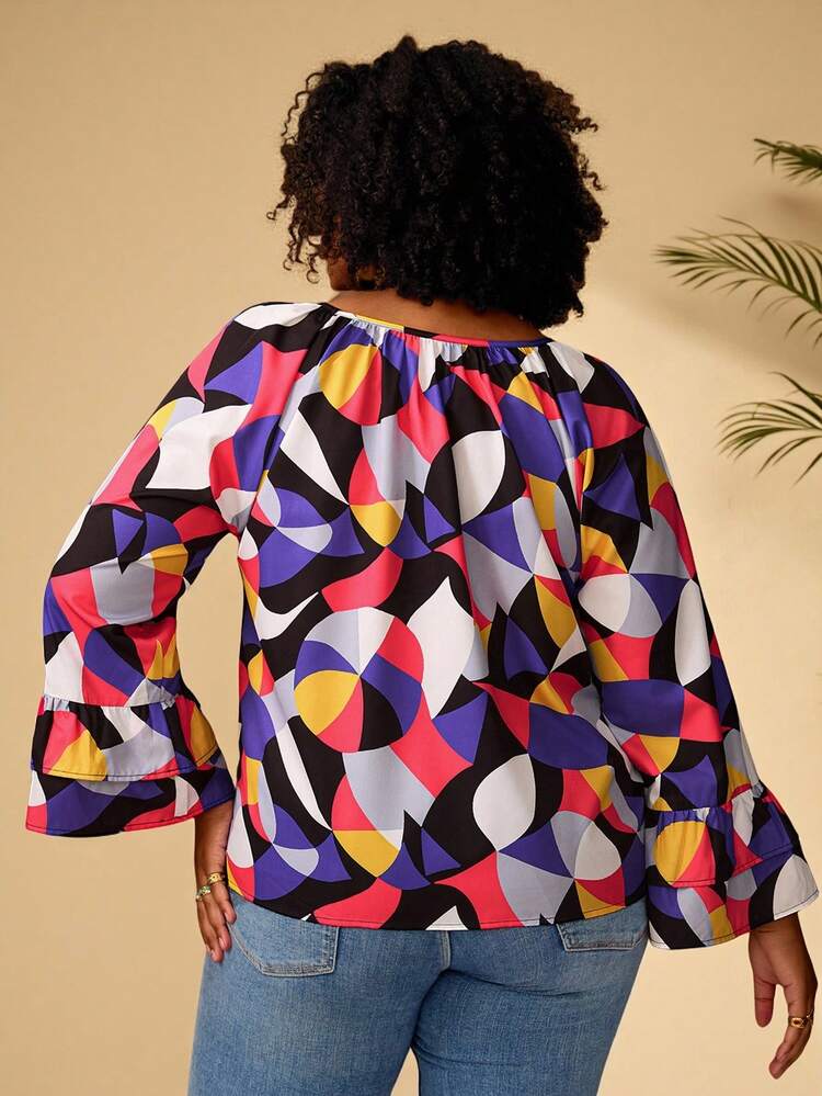 Plus Size Casual Commuter All-Over Print Flare Sleeve Blouse/Summer/Spring/Vacatio Holiday Beach