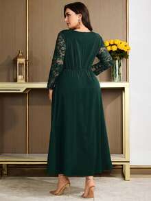 Modelyn Vestido elegante de fiesta de talla grande de unicolor con parches de encaje - Verde Oscuro - Ver 2