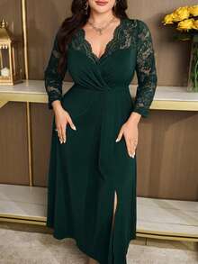 Modelyn Vestido elegante de fiesta de talla grande de unicolor con parches de encaje - Verde Oscuro - Ver 6
