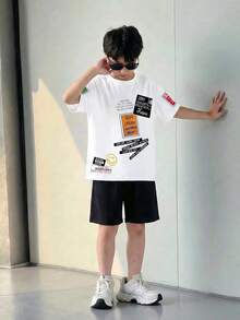 Coolqubz 1pc Tween Boys' Summer New Casual Loose Fit Round Neck T-Shirt, White Letter & Face Graphic, Street Style Daily Wear - White - View 2