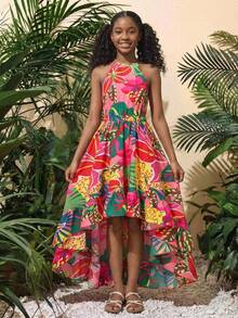 SHEIN Kids Teen Girls Floral Print Halter Neck Ruffle Hem Maxi Dress,Pink Summer Beach Holiday Sleeveless Backless Tropical African Print Vacation Outfits - Pink - View 2