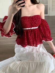 Joudiya Áo kiểu chấm bi đỏ mùa xuân hè với viền ren xếp nếp, thiết kế khoét lỗ, trễ vai, dáng ngắn, thắt eo, tay ngắn, phong cách thường ngày đi nghỉ mát biển. - Đỏ - Xem 8